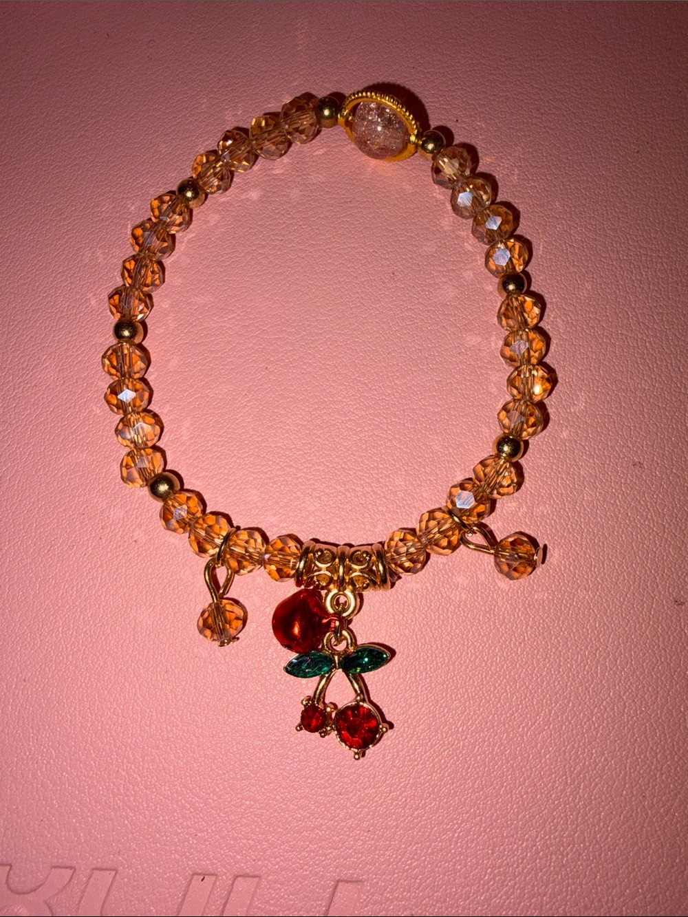 Pink Champagne Crystal Beaded Bracelet with Cherry and Bell Charms